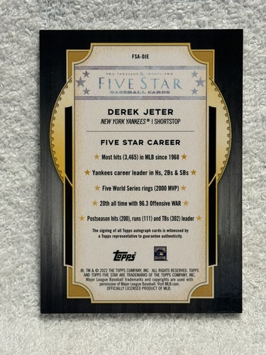 2022 Topps Five Star Derek Jeter Green /15 On Card Auto FSA-DJE New York Yankees - Picture 2 of 6