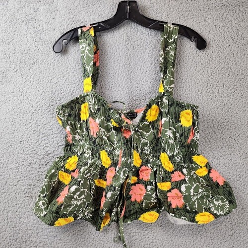 BCBGMAXAZRIA Shirt Size M Floral Peplum Crop Top Smocked Tie Front Sleeveless