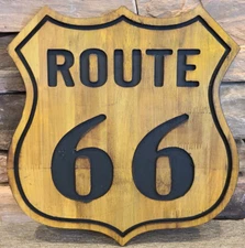 Route 66 Rustic Wood Wall Decor Sign - 14" x 13-1/2" x 7/8" NEW! Man Cave Cars
