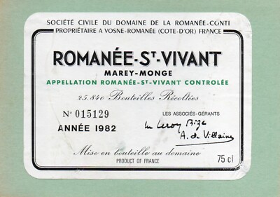 ETIKETT ROMANEE ST VIVANT 1982 NR. 15129 DOMAIN ROMANEE CONTI §03/09/24§