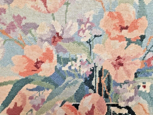 Vintage Handmade Completed Needlepoint Framed No Glass Pastel Flowers in Vase - Picture 2 of 7