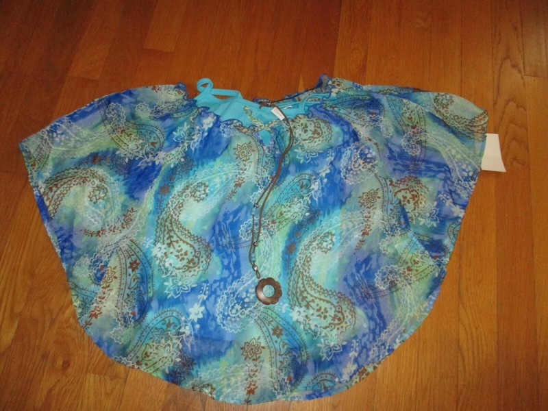 NWT Girls Knitworks Blue Paisley Batwing Blouse w/ Tank & Necklace Large 10-12