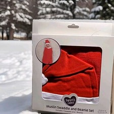 Swaddle Blanket  Beanie Hat Red White Baby Muslin Breathable 100 Cotton Unisex