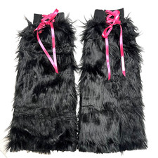 Black Corset Leg Warmers Pink Lace Up Pants Fuzzy Boot Covers Fur Legwarmers NEW