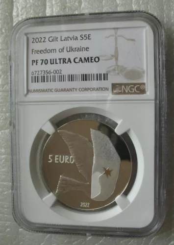 Latvia 5 Euro 2022 Silver Proof Gilt Coin Freedom of Ukraine NGC PF70