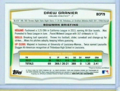 2014 Drew Granier Bowman Chrome Prospect #BCP79 Rookie RC - Athletics - MINT - Picture 2 of 2