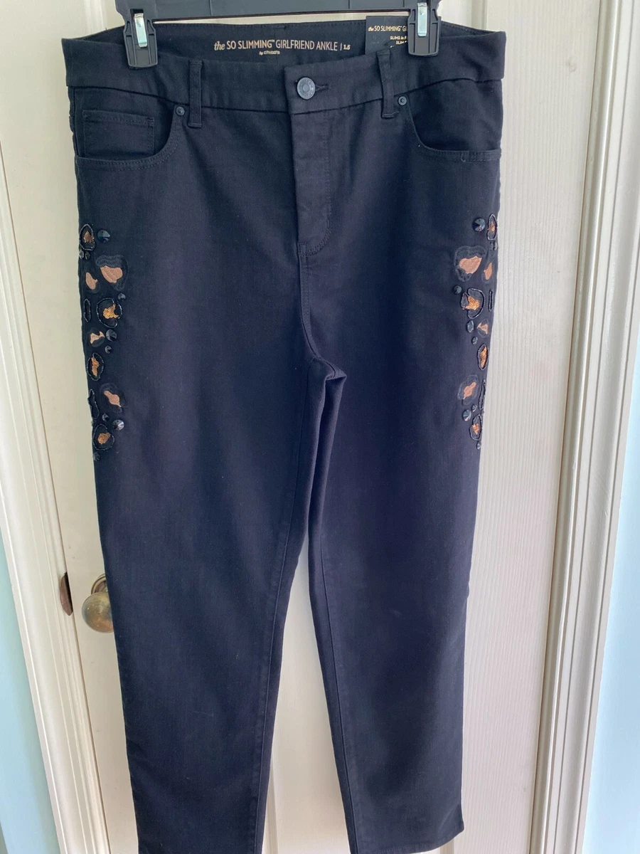 SO SLIMMING GIRLFRIEND ANKLE by CHICO’S Black Leopard Embellished Jeans US  1.5