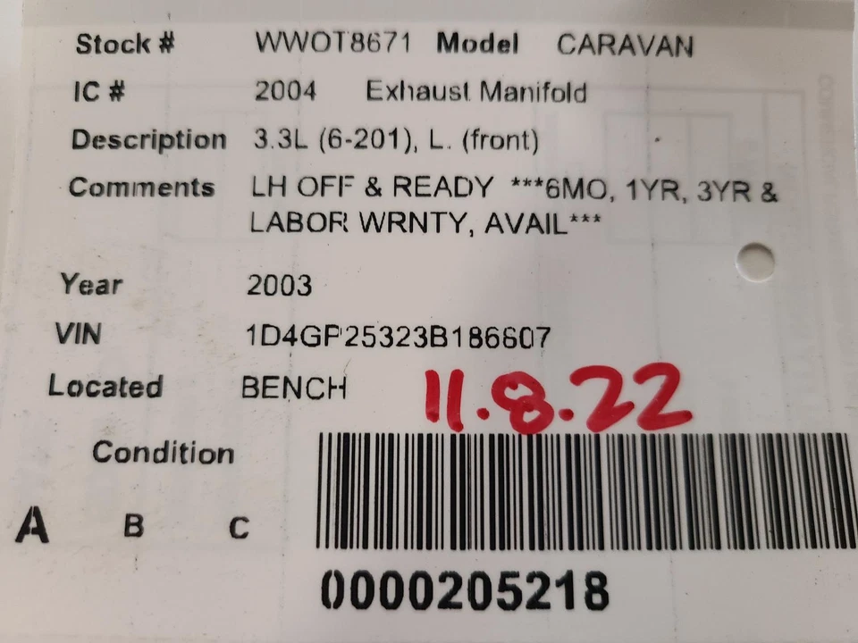 Used Front Left Exhaust Manifold fits: 2003 Dodge Caravan L. front Front Left Gr - Image 3 of 4