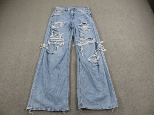 American Eagle Super High Rise Baggy Wide Leg Jeans Womens Size 6 Blue Distress - Picture 1 of 15