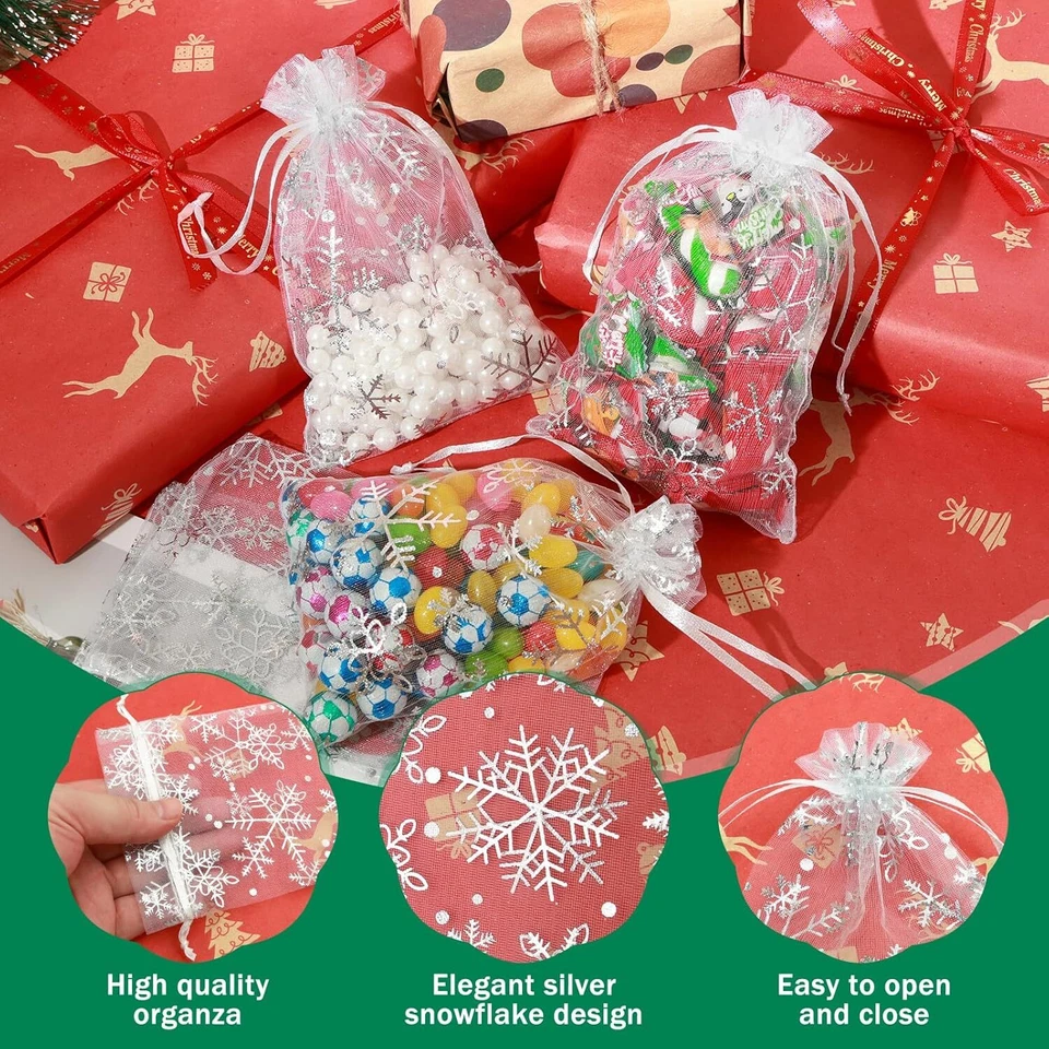 100 Piezas Bolsas de Organza de Navidad, Bolsas de Regalo de Organza 4x6 Malla de Copo de Nieve Cordón G Foto 2 de 2