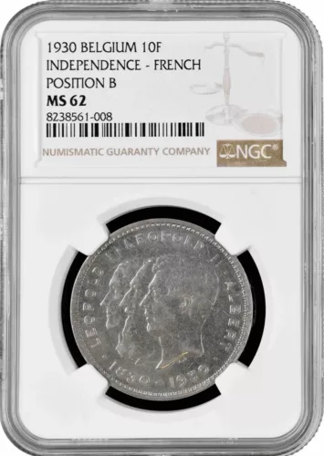 Belgium 10 francs 1930 French - Pos B, NGC MS62, "Independence"