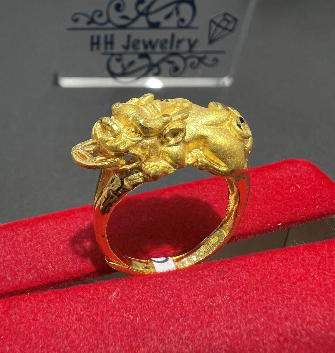 24K Yellow Gold Fu Dog, Pi Xiu Lucky Design Ring Size Adjustable