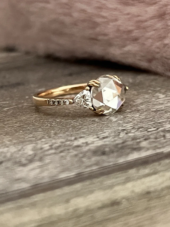 18K Solid Rose Gold Ring Rose Cut Moissanite Side Trillions And Pavé Setting - Image 4 of 4