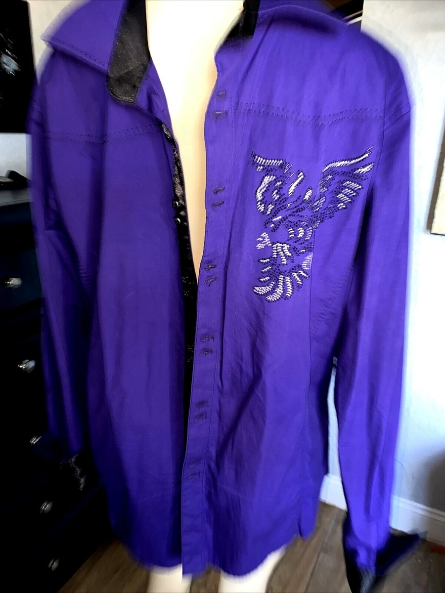 RECESS Mens Dress Shirt Purple W/Shiny Flip Cuff XL SEQUINS WINGS yb**