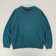 Vintage Eddie Bauer Ribbed Knit Sweater Men's L Green Teal 100 Cotton Crew Neck