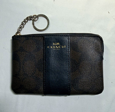 Coach Signature Logo Zip Wallet w/ Key Ring Chain, Brown/Black, Women s