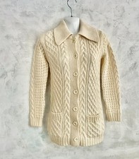 Cardigan lungo invernale boho maglia cavo pura lana panna PROVA vintage anni 80 6/8