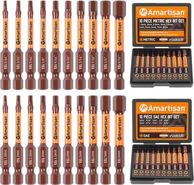 Amartisan 20-Piece Hex Head Allen Wrench Drill Bit Set, Metric and SAE S2 Steel