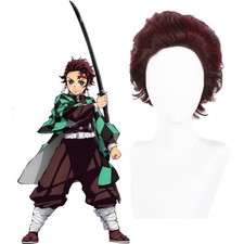 Kamado Tanjirou Cos Short Black Burgundy Back Flip Hair Facial Hair Anime Unisex