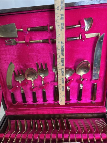 Juego de cubiertos vintage tailandeses lapidarios de latón palisandro 144 piezas caja de almacenamiento de madera - Imagen 12 de 24