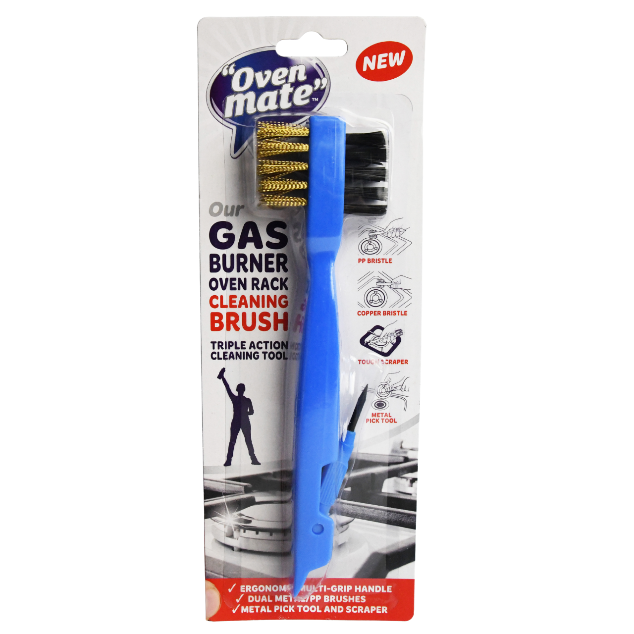 Oven Mate Gas Burner Cleaning Brush Blue Ergonomic Handle BBQ Oven Grill