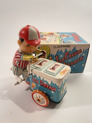 Vintage Japanese Tin Ice Cream Man Wind Up Toy New with Original