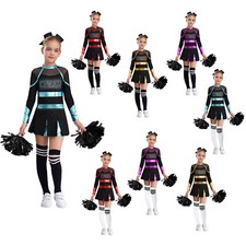 DE Kinder Cheer Leader Kostüm Mädchen Uniform Langarm Kleid mit Pompoms Set