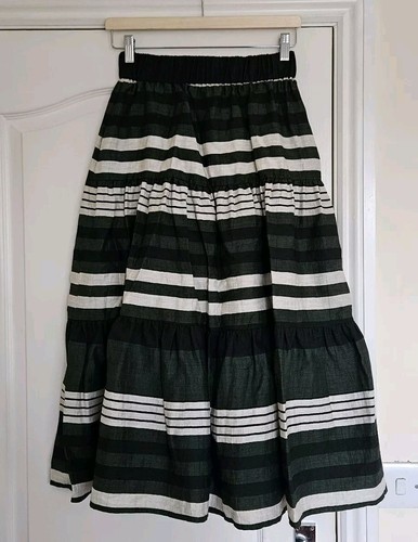 Helene Berman Tiered Striped Midi Skirt with Pockets, Forest Green, Size 10
