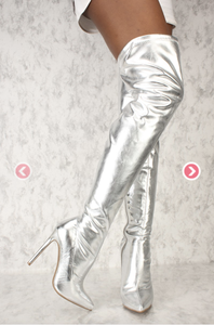 thigh high silver metallic boots