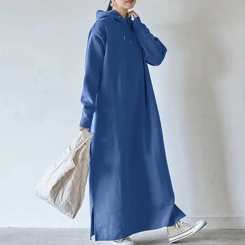 Damen Langarm Fleece Kapuze Sweatshirt Maxikleid Locker Solide Hoodie Kleider - Bild 8 von 23
