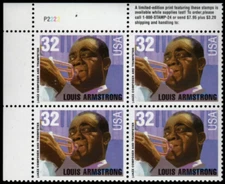 Scott#: 2984 - American Music Issue/Louis Armstrong 4x32¢ Plate Block of 4 MNHOG