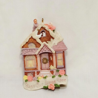 Bless Our Loving House Ornament Christmas 3'' Pink Roses Resin Doves Angel