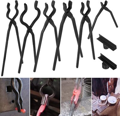 8pcs Blacksmith Tongs Set Flat Jaw, Railroad Spike, Bolt, Hook Jig, V-Bit Blade
