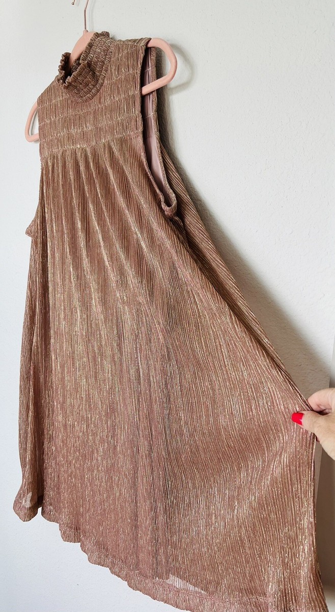 Women's SZ M Pink Rose Gold Metallic Pleated High Neck A-Line Knee Length Dress | eBay Women's SZ M Pink Rose Gold Metallic Pleated High Neck A-Line Knee Length Dress | eBay