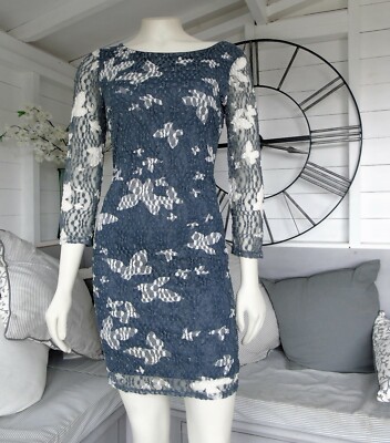 Phase Eight Butterfly Grey White Dress 10 Bodycon Stretch 3/4 Lace  sleeves UK