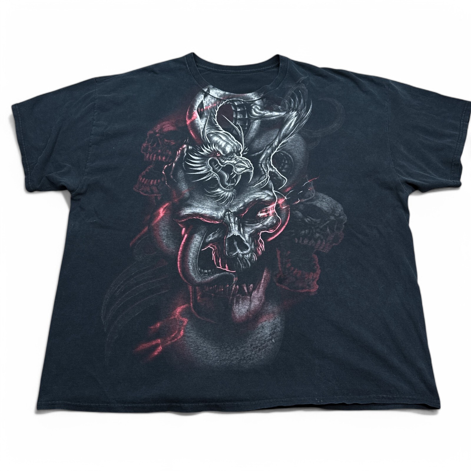 Vintage Y2K Dragon Skull Tee Shirt Adult Size 2XL XXL Faded Black Boxy Big Print