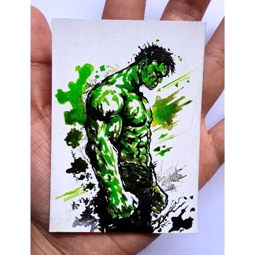 02 Stck. ACEO Original Hulk Held Cartoon Kunst Karten Set Acryl Handmalerei NEU - Bild 6 von 8