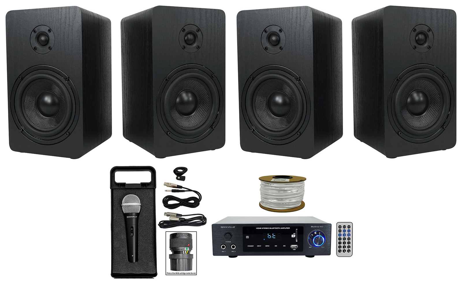 Rockville BLUAMP 150 Amplifier w/ Bluetooth+(4) 6.5" Bookshelf Speakers+Mic