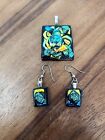 Fused Glass Earring And Pendant Set Green Yellow Copper Color