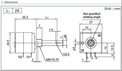 ALPS Japan RK27 Stereo Dual Potentiometer (Volume) With Slotted Shaft & PCB - LOG Taper