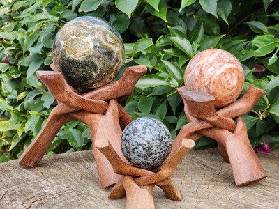 Madagascar Wooden Sphere Holder Stand Hand Carved from One Wood Piece