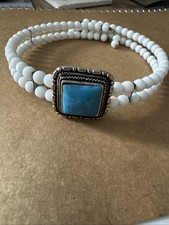 White Beaded 2 Strand Choker with Turquoise Colored Center Stone Necklace