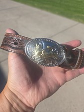 Nocona Childs Leather Western Rodeo Tooled Belt Size 22 Brown Bull Rider Buckle