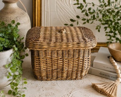 Vintage Wicker Storage Basket With Lid Rattan Woven Chest Cottagecore Boho