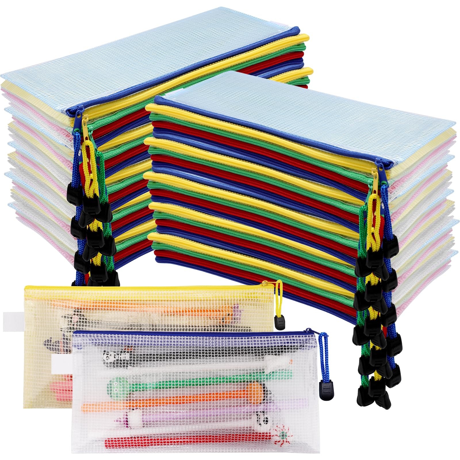 50 PCS Mesh Zipper Pouch Bags 5 Colors 9.3x4.5 Inch Bulk Pen