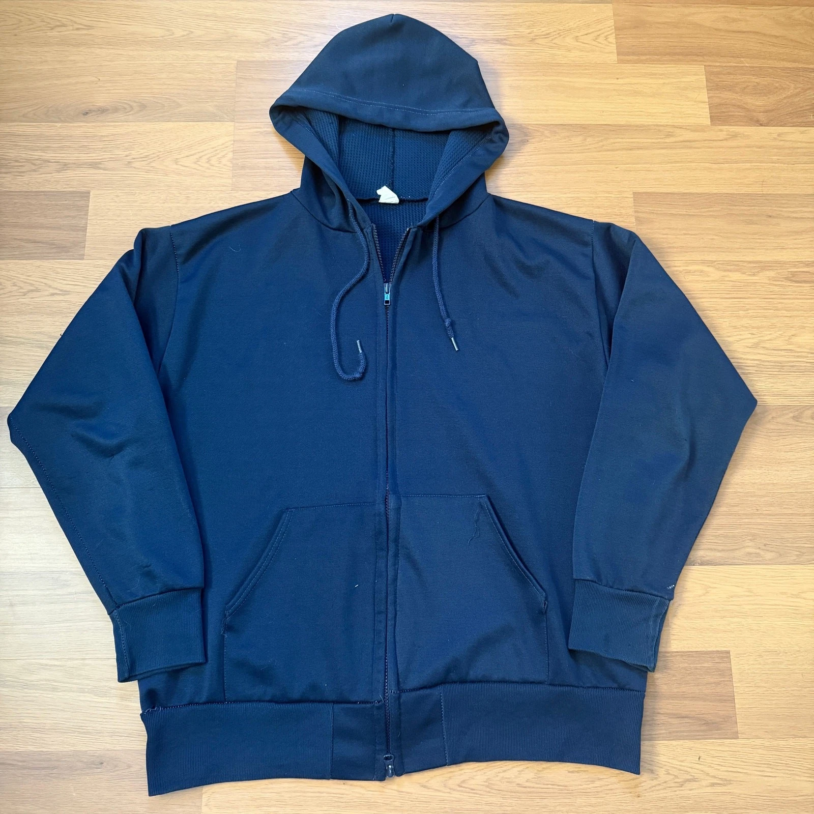 Vintage 1980's Navy Blue Waffle Thermal Lined Zip Up Hoodie Sweatshirt Sz Large