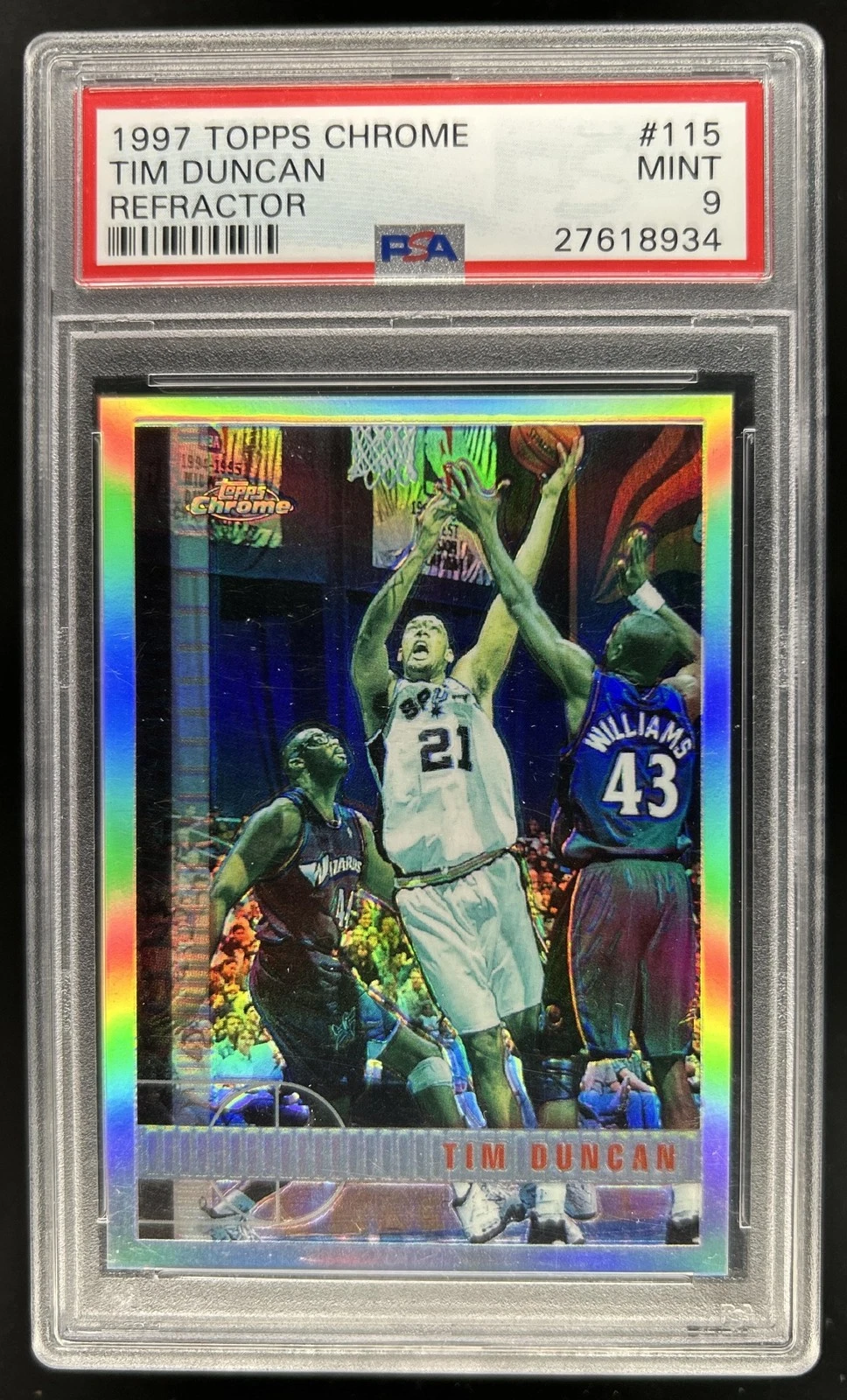 1997-98 Topps Chrome Tim Duncan Refractor Rookie RC #115 Spurs PSA 9