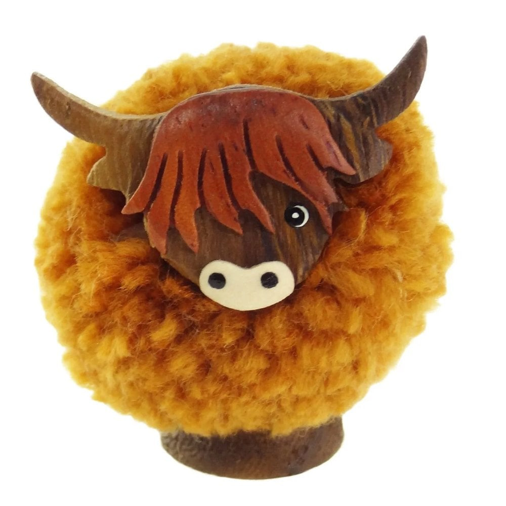 Glen Appin of Scotland Small Wooden Highland Cow Pom Pom Figurine AM1198