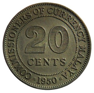 1950 Commissioners of Currency Malaya 20 Cents Coin