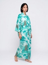 Kimono Robe Silky Teal 54  Long pagodas Japan Vintage  No Belt 